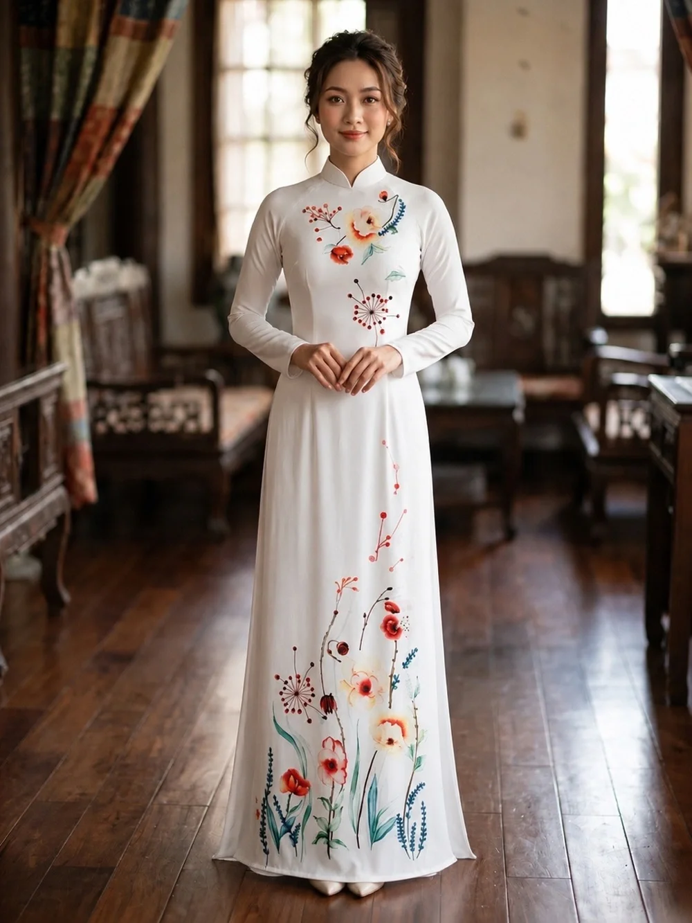 Elegant White Floral Long-Sleeve Dress, new year. Photograph, Ao Dai.